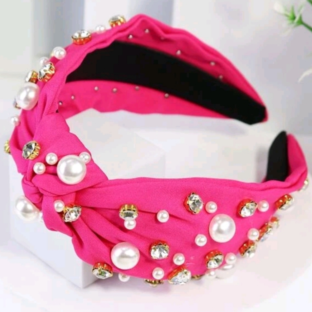 Pink Crystal and Pearl Knotted Headband